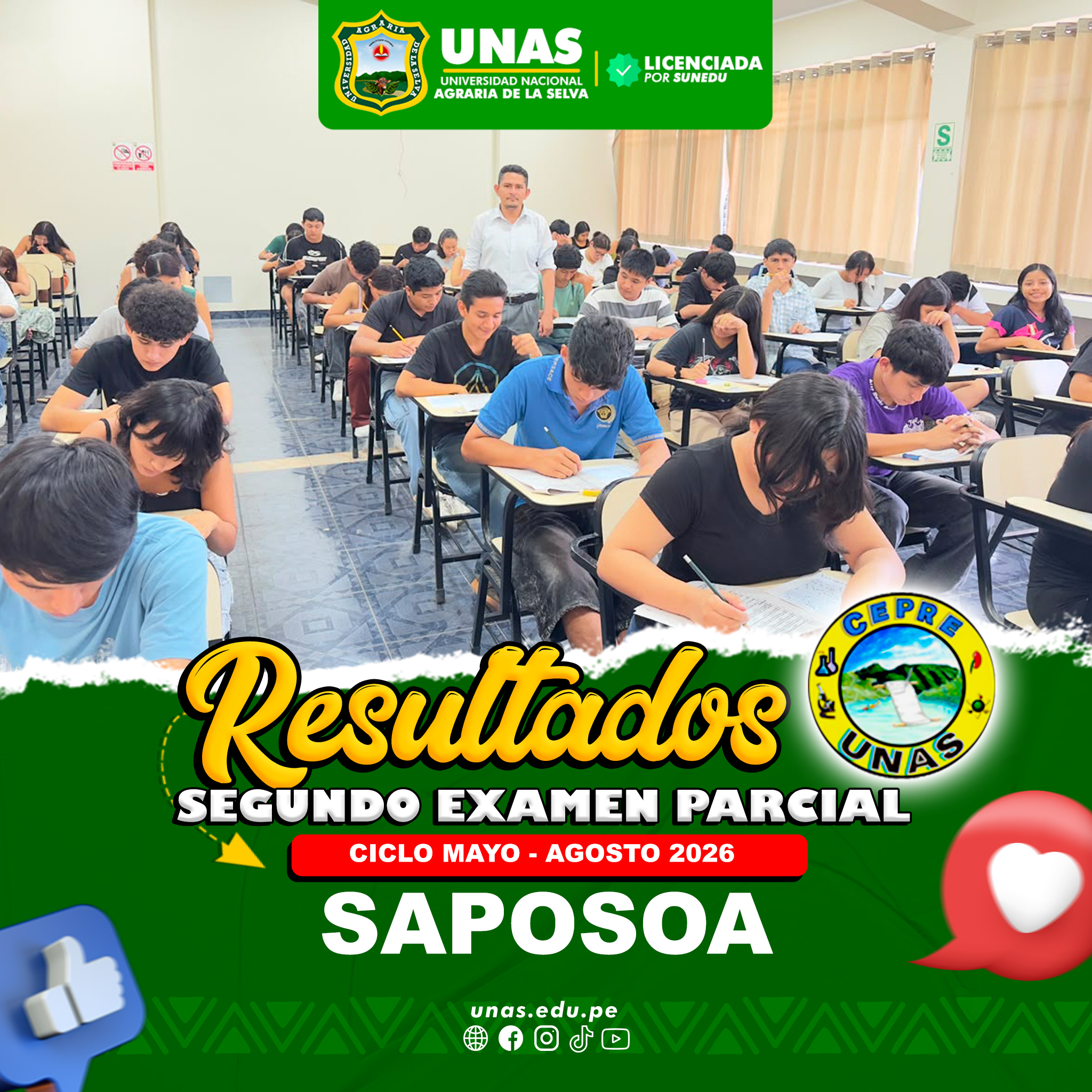 RESULTADOS SEGUNDO EXAMEN PARCIAL CEPRE UNAS MAYO AGOSTO - SEDE SAPOSOA